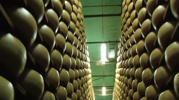 Zobacz do kół ser parmezan dojrzewania na półkach w piwnicy w fabryce sera w Modena, Włochy. — Wideo stockowe