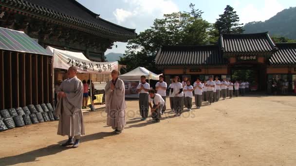 Pilgrims approach Haeinsa Buddhist temple in Haeinsa, Korea. — Stock Video