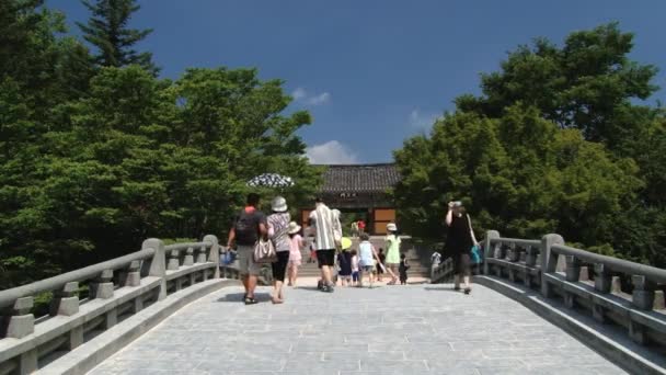 Turistas pasan por el puente al templo Bulguksa en Gueongju, Corea — Vídeos de Stock