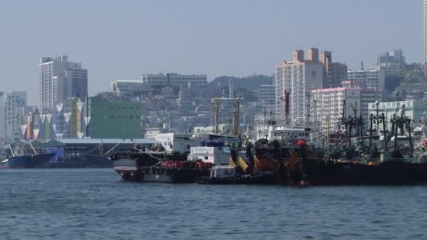 Vista para a cidade e porto de pesca de Busan, Coréia . — Vídeo de Stock