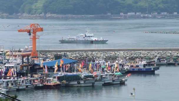 Vue sur le port avec des répliques des navires tortues à Tongyeong, Corée . — Video