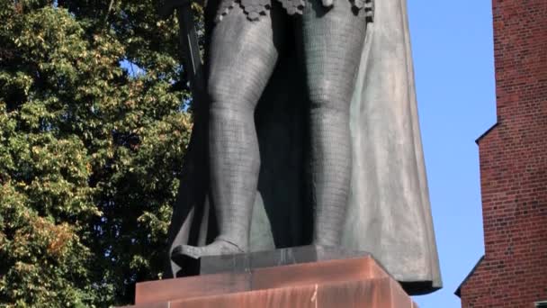 Estátua de Boleslaw Chrobry em frente à torre do relógio da Catedral de Gniezno em Gniezno, Polônia . — Vídeo de Stock