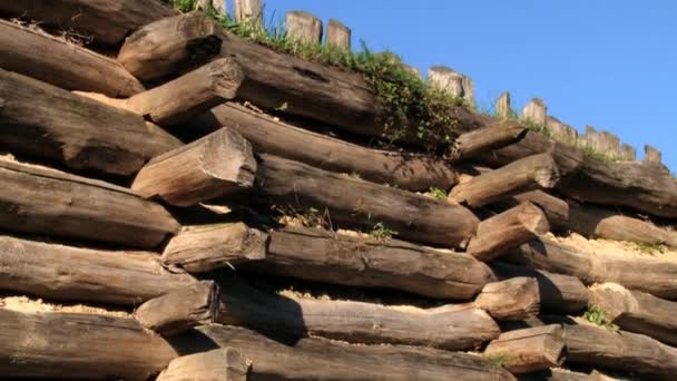 Vnější dřevěné stěně replika železné tvrze Biskupin, Polsko. — Stock video