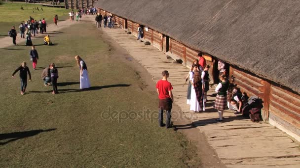 Люди посещают копию укрепленного поселения железного века в Бискапине, Польша . — стоковое видео