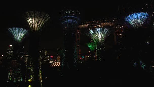View to the colourful night light show at the Gardens by the Bay in Singapore, Singapore. — Stock Video