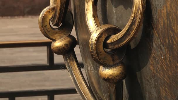 Detalhe do enorme vaso de bronze (alça) com pessoas que visitam ao fundo no palácio Gugun em Pequim, China . — Vídeo de Stock