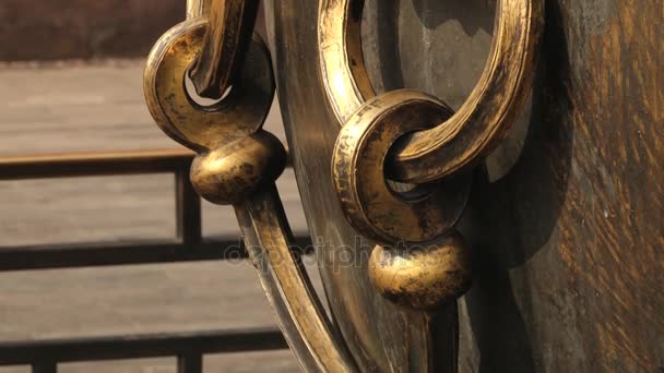 Detalle del enorme jarrón de bronce (mango) con personas que visitan al fondo en el palacio Gugun en Beijing, China . — Vídeos de Stock