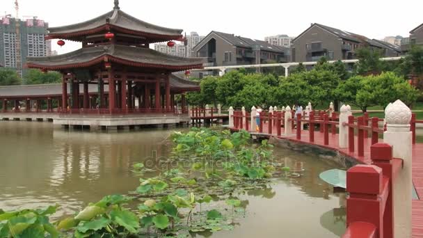 Visa till traditionell stil byggnad i Datang Furong trädgården i Xian, Kina. — Stockvideo