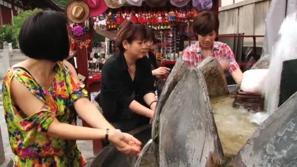Les touristes asiatiques se lavent les mains dans l'eau des sources chaudes de Huaqing à Xian, Chine . — Video
