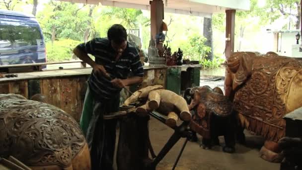 Man produceert standbeeld van olifant - traditionele houten souvenir in een workshop in Polonnaruwa, Sri Lanka. — Stockvideo