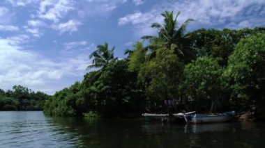 Hareketli turistik tekne Sri Lanka dan tropikal ormana Madu Ganga Nehri Bankası görüntülemek.