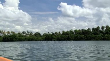 Sri Lanka hareketli turistik tekneden Madu Ganga nehir banka ve mavi gökyüzü bulutlu, tropikal orman için görüntüleyin.