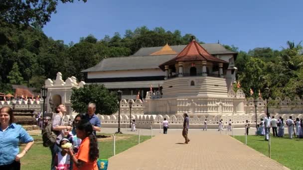 As pessoas caminham pelo território do Templo dos Dentes (Dalada Maligava) em Kandy, Sri Lanka — Vídeo de Stock