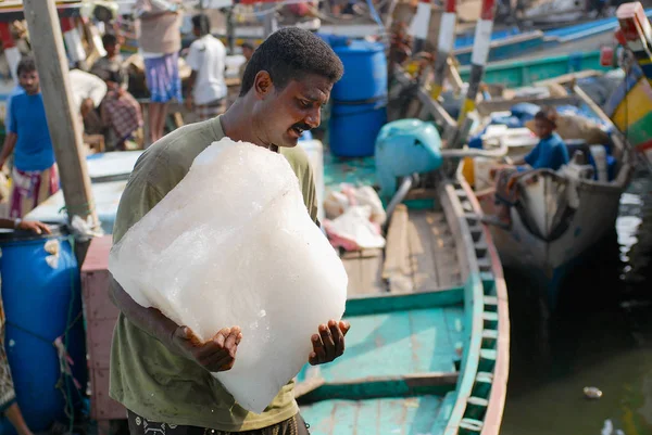 Halász hordozza pack a jég, a halászati kikötő Al Hudaydah, Jemen. — Stock Fotó