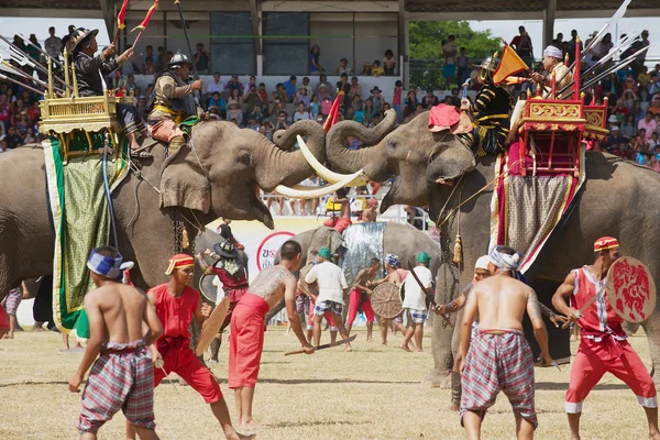 La gente participa en el espectáculo Elefante en Surin, Tailandia . — Foto de Stock