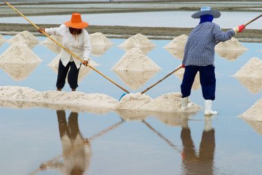 İnsanlar Huahin, Tayland için tuz çiftliğinde çalışmak.