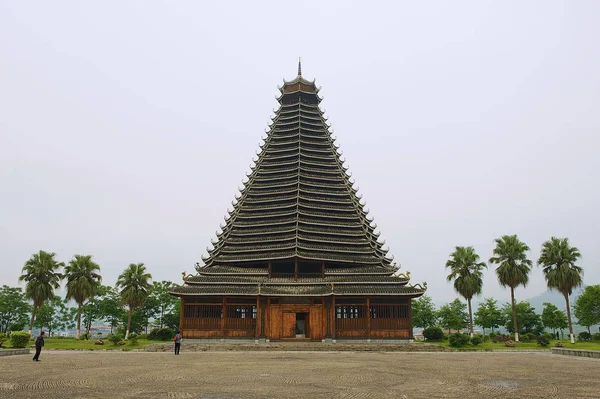 View to the traditional wooden Dong minority Drum tower in Rongshui, China. — Stock Photo, Image