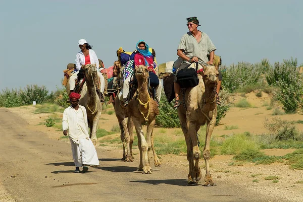 Tourists enjoy camel safari in Jodhpur, India. — Stock Photo, Image