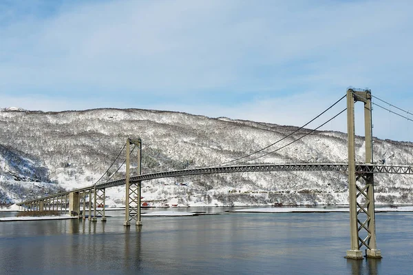 Tjeldsund Suspension Road Bridge Winter Crossing Tjeldsundet Strait Troms County — Stock Photo, Image