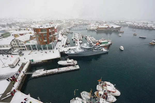 Svolvaer Noruega Março 2011 Vista Para Porto Svolvaer Queda Neve — Fotografia de Stock