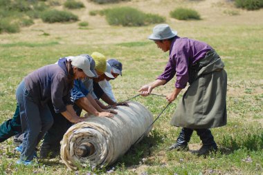 Harhorin, Moğolistan - 20 Ağustos 2006: Bozkır Harhorin, Moğolistan'ın kimliği belirsiz kişi rulo Moğol hissettim. Keçe Moğolistan'da yurt izolasyon ve kış giysileri için temel malzemedir.