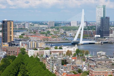 Rotterdam, Hollanda - 02 Haziran 2013: Erasmus Köprüsü ve modern binalar şehrin Rotterdam, Hollanda'nın havadan görünümü.
