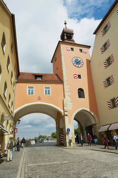 Regensburg Germany September 2010 View Street Old Stone Bridge Tower — Stock Photo, Image