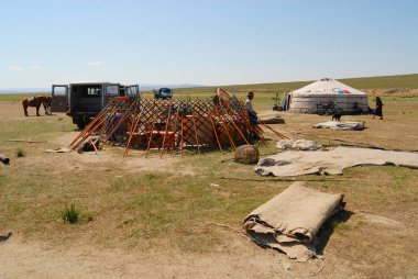 Harhorin, Moğolistan - 25 Ağustos 2006: Yurt (göçebe çadır) bozkır Harhorin, Moğolistan'da kimliği belirsiz Moğol adamları topla. Ahşap çerçeve bir yurt, keçe ve tuval parçalar ile kaplıdır.