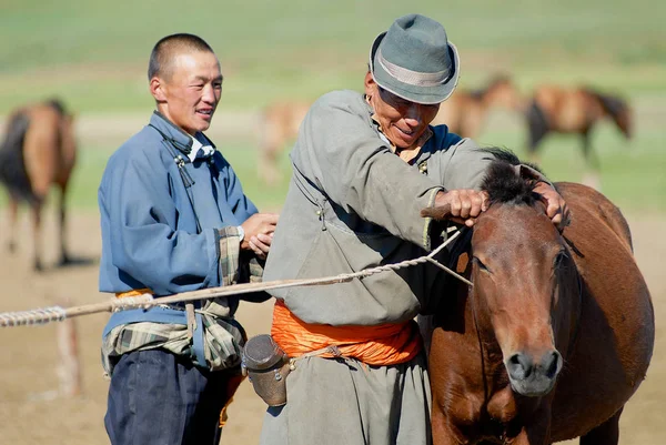 ハルホリン モンゴルの伝統的なドレスを着ている正体不明の男性が若い野生の馬を保持ハルホリン モンゴル 2006 — ストック写真