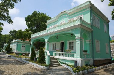Makao, Çin - 12 Eylül 2013: Dış köyde Taipa, Makao Portekizce geleneksel Ev'in.