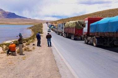 Putre, Şili - 22 Ekim 2013: Şili-Bolivya sınır kapısında deniz seviyesinden 3.200 metre yükseklikteki Lauca Ulusal Parkı 'nda kuyruk var..