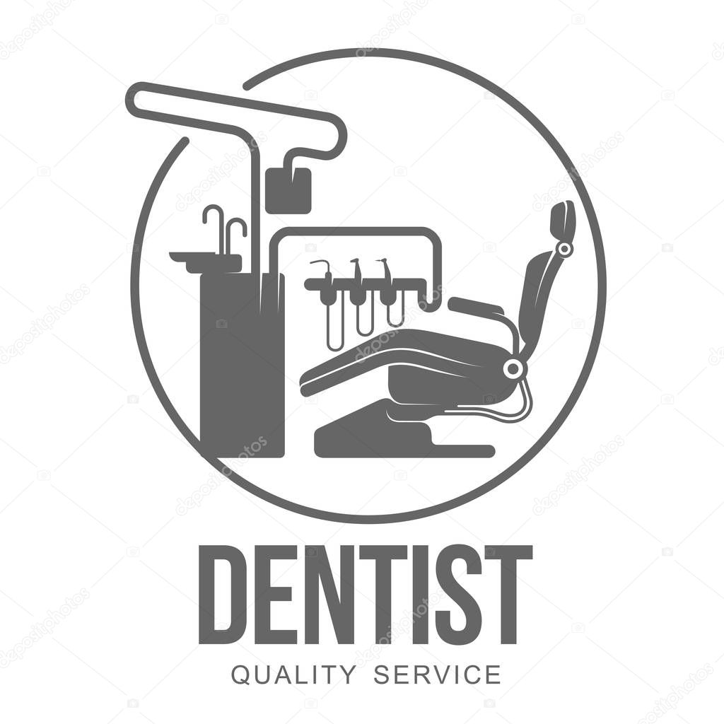Vector logo on dental clinic. Tooth, dental implant, dental mirror. Web graphics, banners, advertisements, brochures, business templates. Isolated on a white background