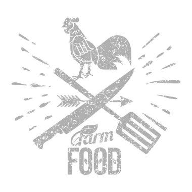 Çiftlik logosu bir horoz ve çiftçinin araçları ile