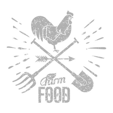 Çiftlik logosu bir horoz ve çiftçinin araçları ile