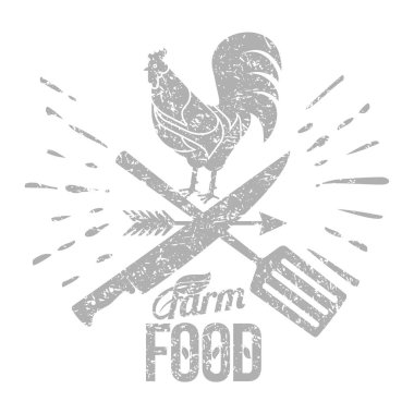 Çiftlik logosu bir horoz ve çiftçinin araçları ile