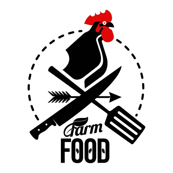 Logotipo de la granja con un gallo y herramientas para agricultores — Vector de stock