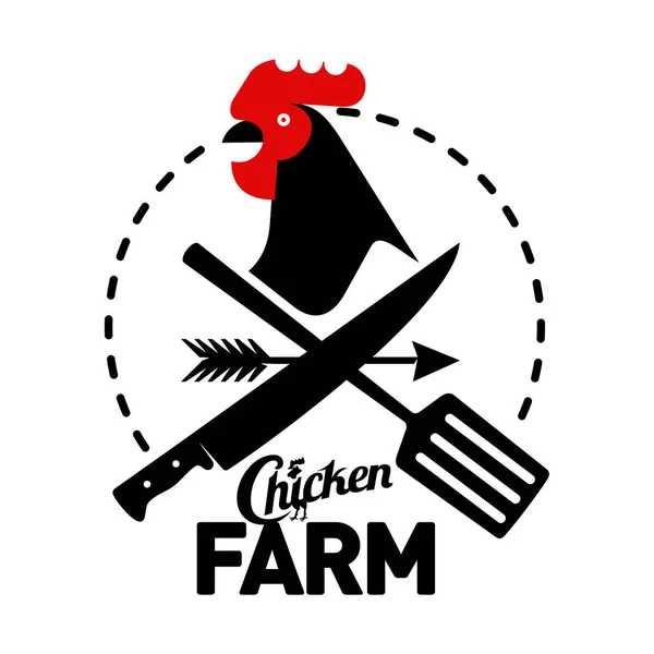 Farm logo with a rooster and  farmer's tools — Stock Vector