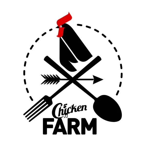 Logotipo de la granja con un gallo y herramientas para agricultores — Vector de stock