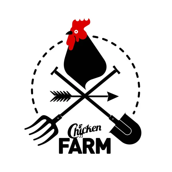 Farm logo with a rooster and  farmer's tools — Stock Vector