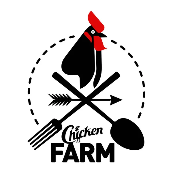 Logo pertanian dengan ayam jantan dan peralatan petani - Stok Vektor