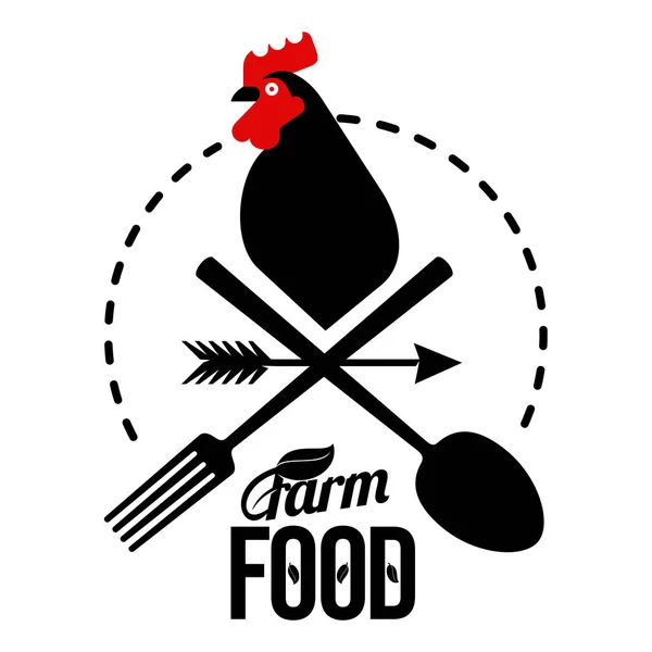 Logotipo de la granja con un gallo y herramientas para agricultores — Vector de stock