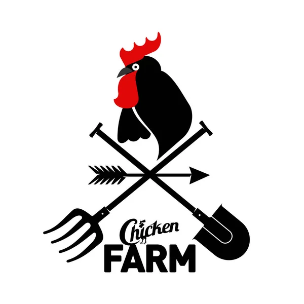 Farm logo with a rooster and  farmer's tools — Stock Vector