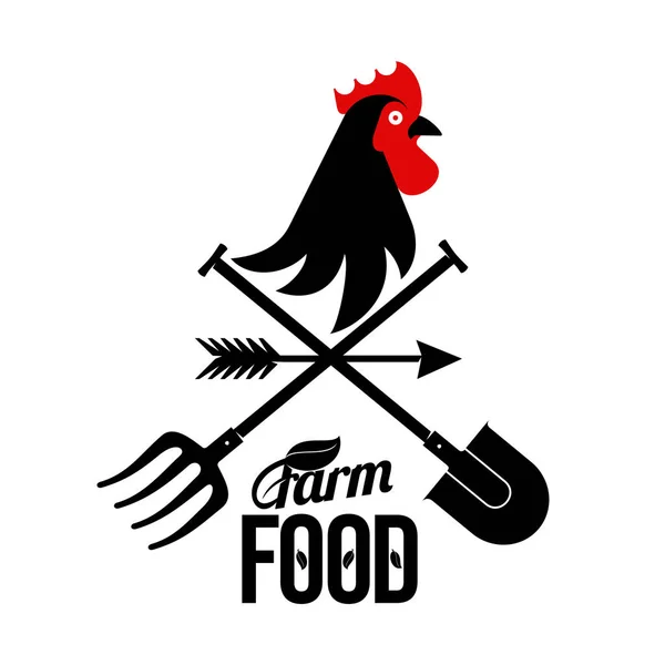 Logo farmy s kohoutem a nástroje pro farmáře — Stockový vektor