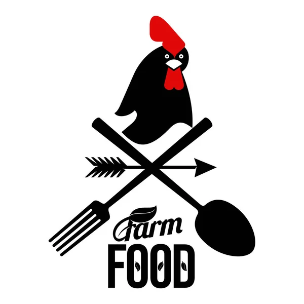 Logotipo de la granja con un gallo y herramientas para agricultores — Vector de stock