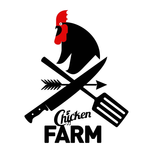 农场的标识与一只公鸡和农夫的工具 — 图库矢量图片