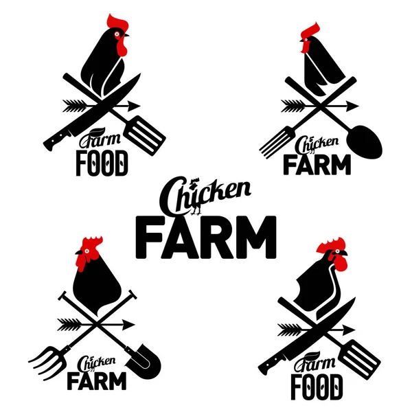 Logotipo de la granja con un gallo y herramientas para agricultores — Vector de stock