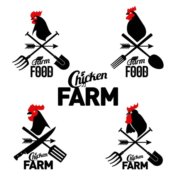 Farm logo with a rooster and  farmer's tools — Stock Vector