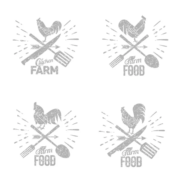Logo pertanian dengan ayam jantan dan peralatan petani - Stok Vektor
