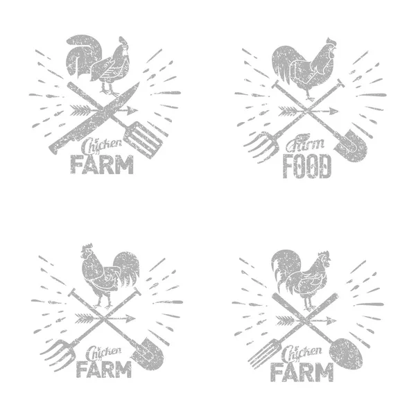 Farm logo with a rooster and  farmer's tools — Stock Vector