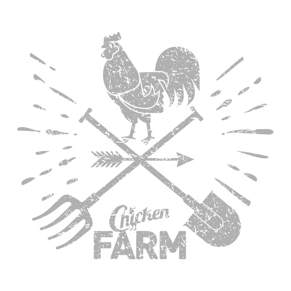 Logo de la ferme avec un coq et des outils agricoles — Image vectorielle